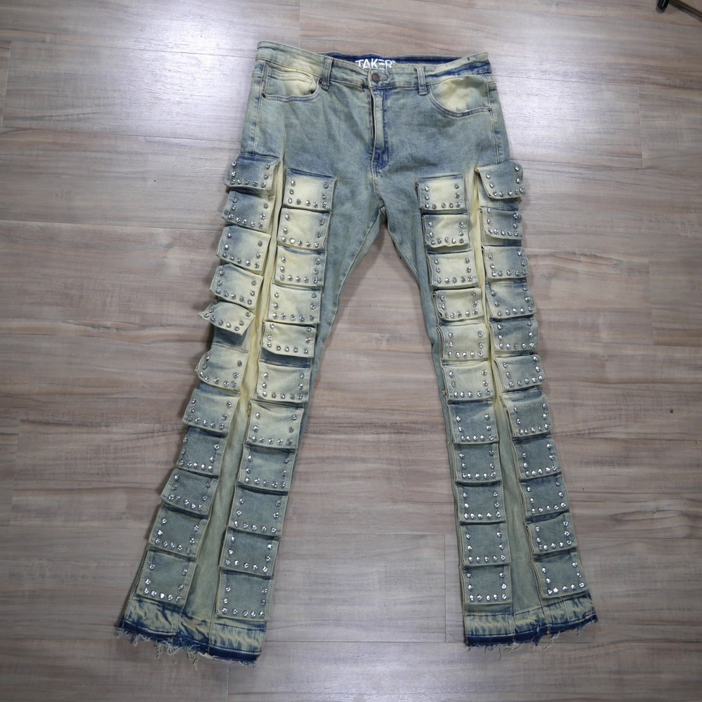 Taker‎ Mens Rhinestone Studded Multi Pocket Cargo Jeans Light Wash Blue 38x34